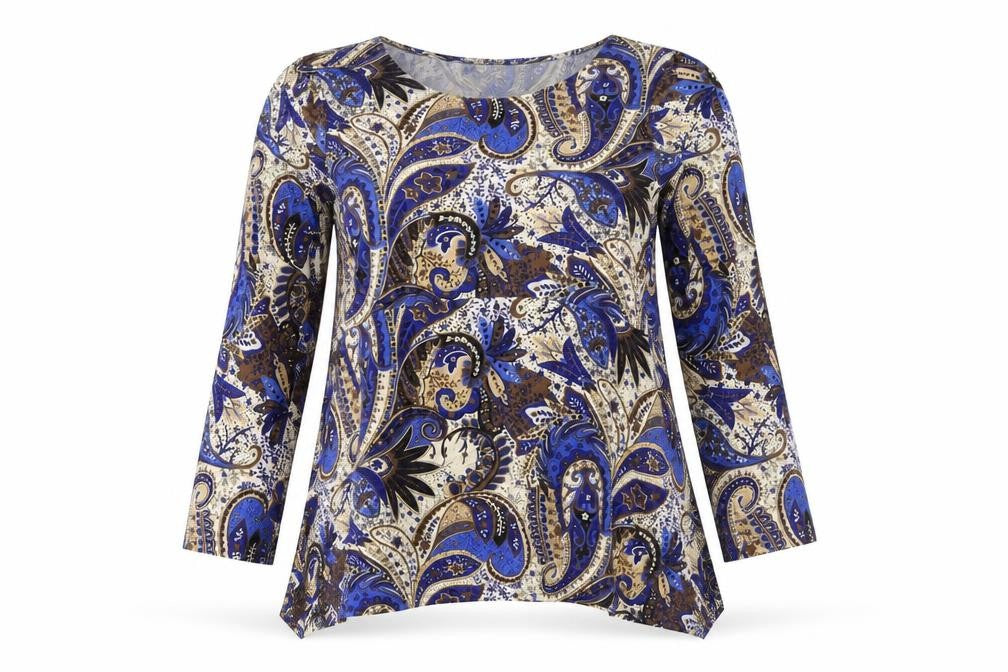 Front view of Klass women’s blue paisley basic blouse, size M