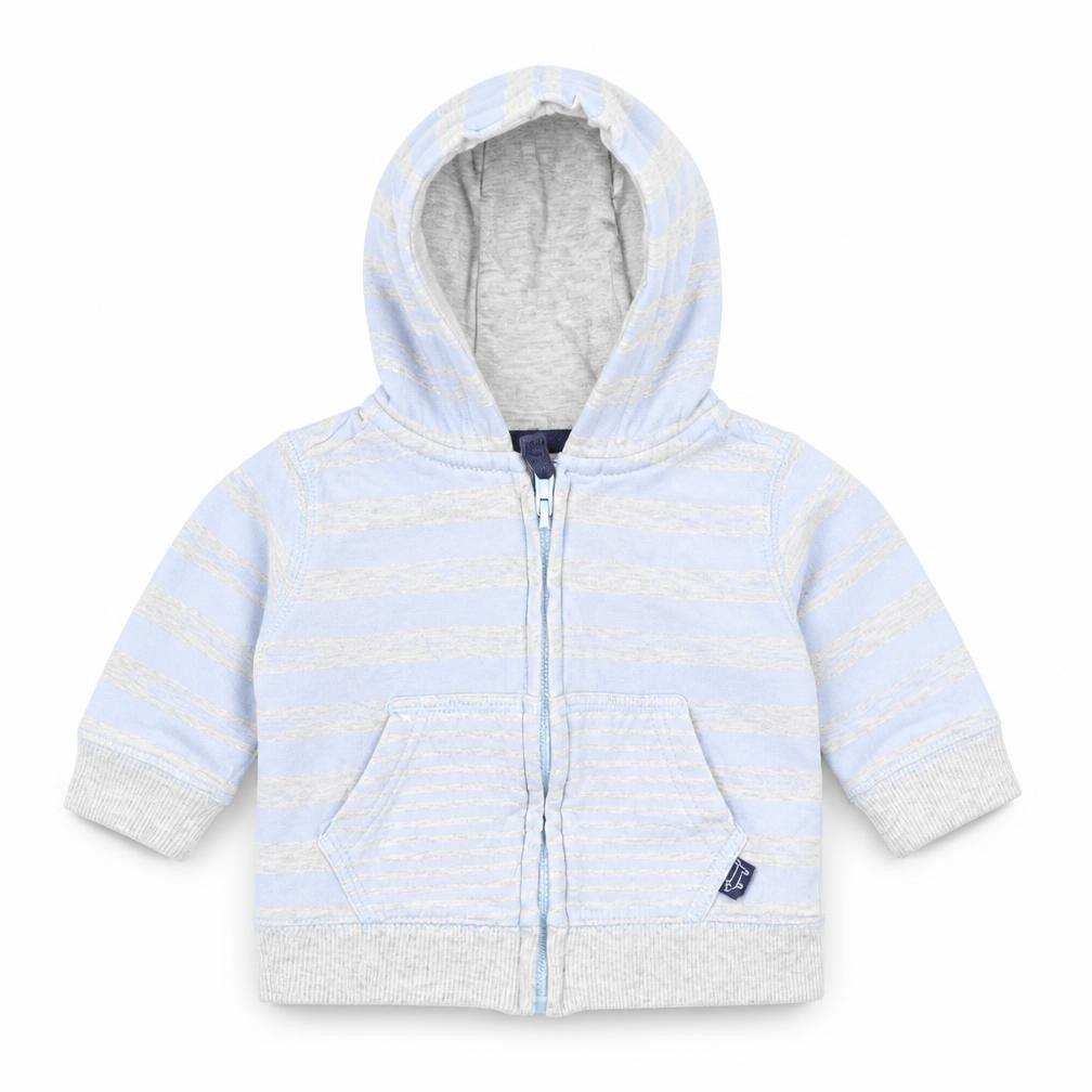 Front view of F&F boys’ blue striped jacket, size 0-3, months