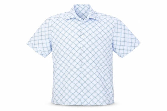Front view of Next men’s blue geometric button-up, size M