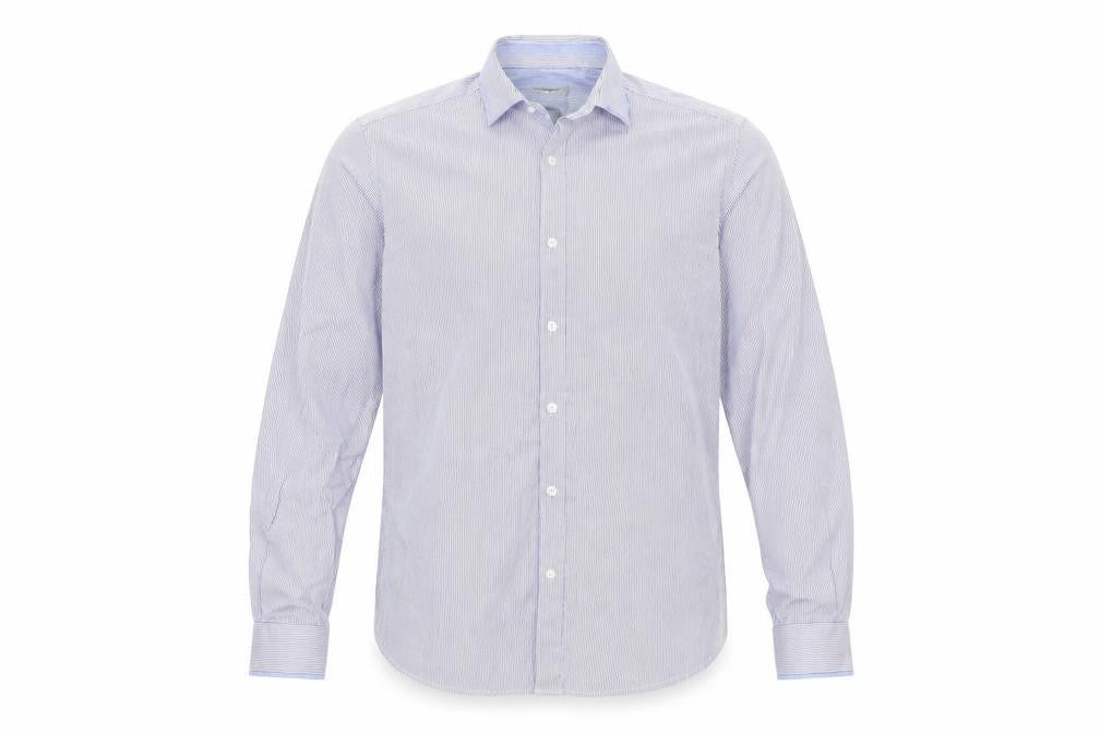 Front view of Remus Uomo men’s blue striped button-up, size 15.5