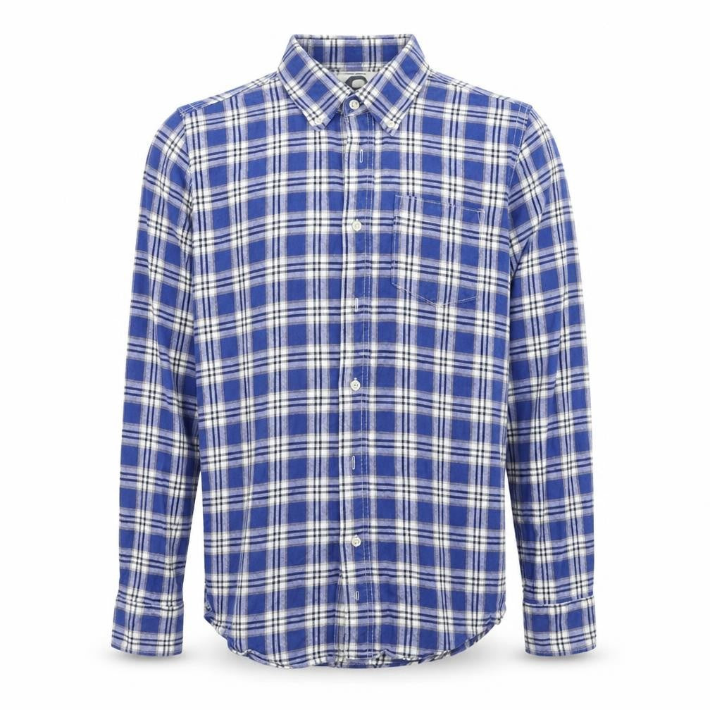Front view of Xcape men’s blue check button-up, size XL