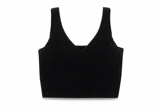 Front view of ASOS women’s black cropped tank, size UK 4