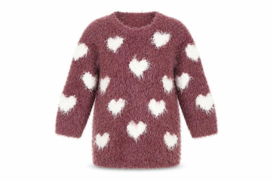 Front view of I Love Girlswear girls’ purple polka dot jumper, size 5, years