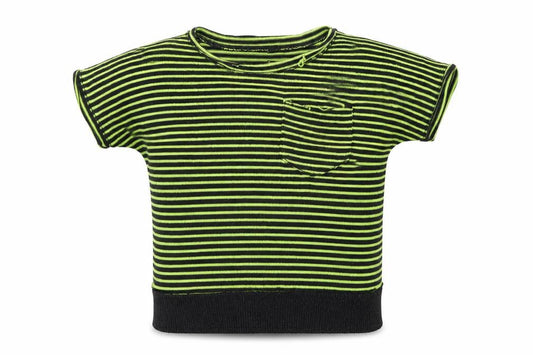 Front view of Poof Girl Excellence girls’ green striped jumper, size 5, years