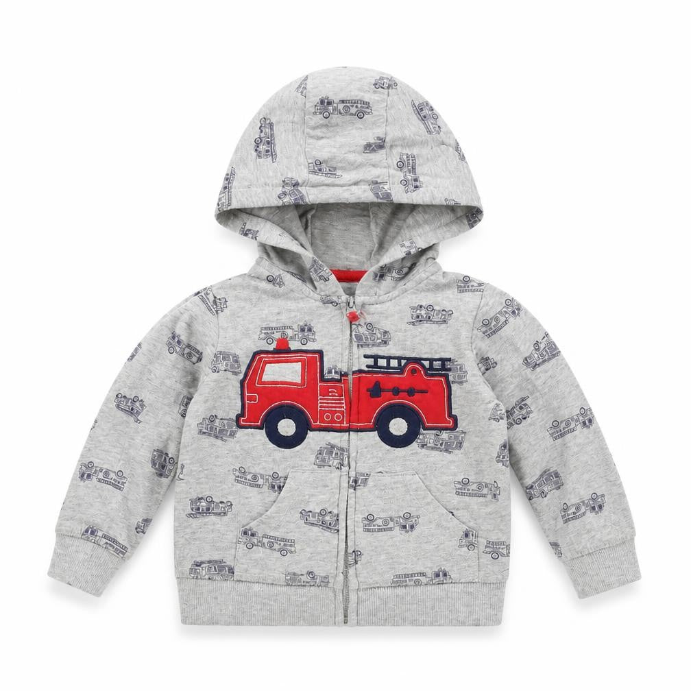 Front view of Preworn Baby Grey Jacket, size 18, Months - Fire Engine