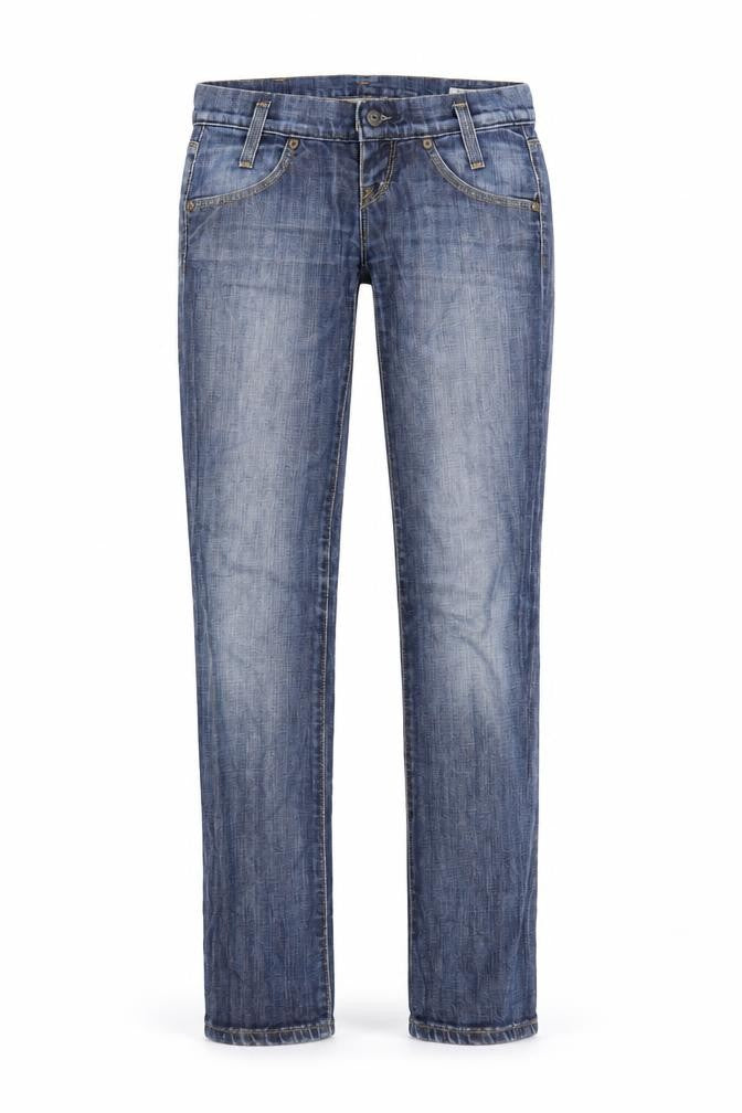 Front view of lee women’s blue denim straight jeans, size UK 25, in, 33-inch leg