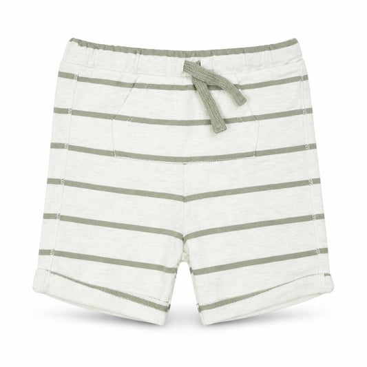 Front view of F&F boys’ beige striped capri trousers, size 9-12, months