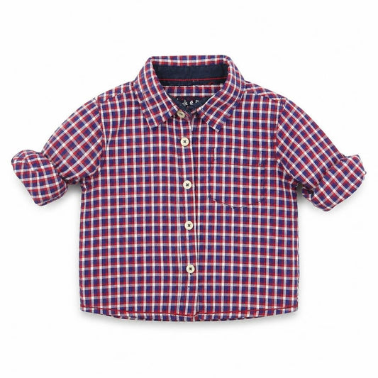 Front view of Pink & Blue boys’ blue check basic button-up, size 6-9, months