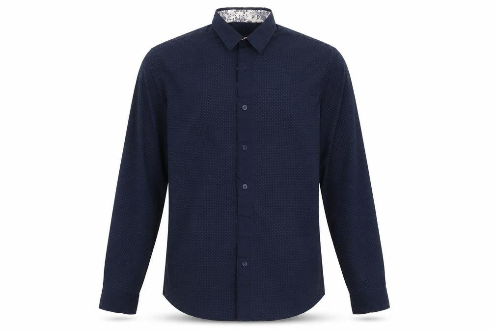 Front view of F&F men’s blue polka dot button-up, size S