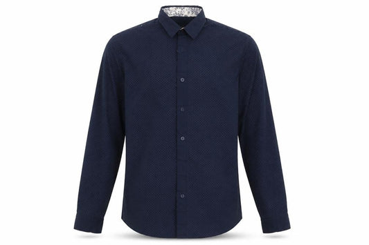 Front view of F&F men’s blue polka dot button-up, size S