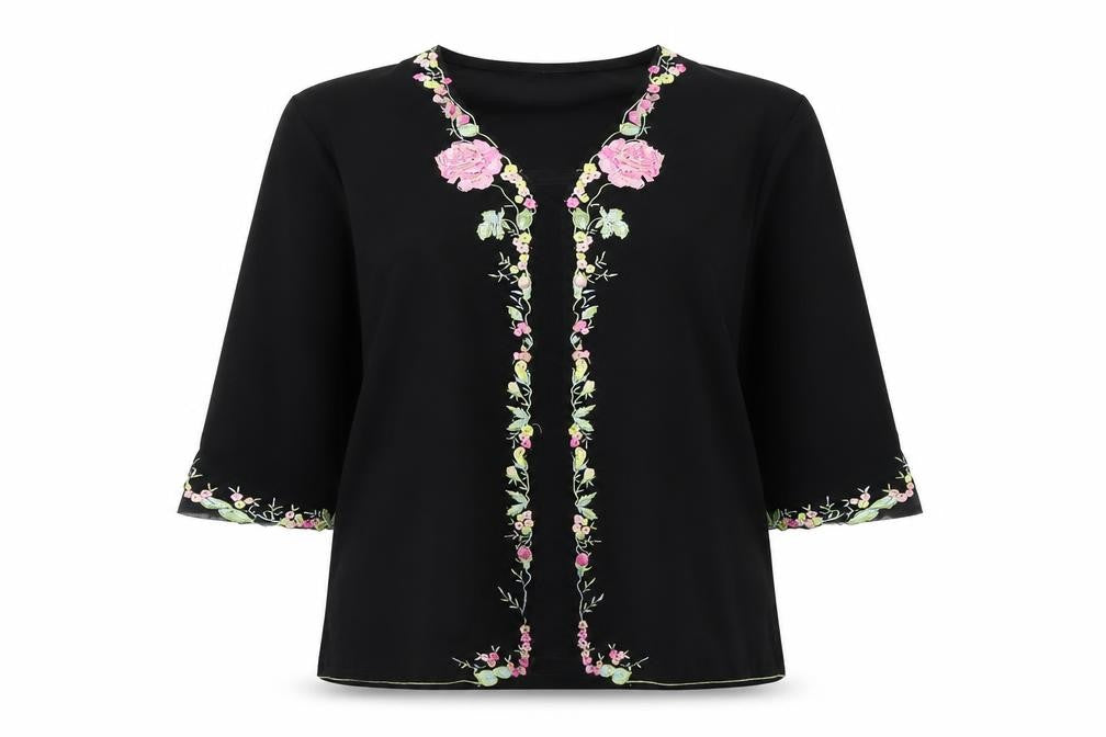 Front view of JIN ABE women’s black floral basic t-shirt, size UK 8