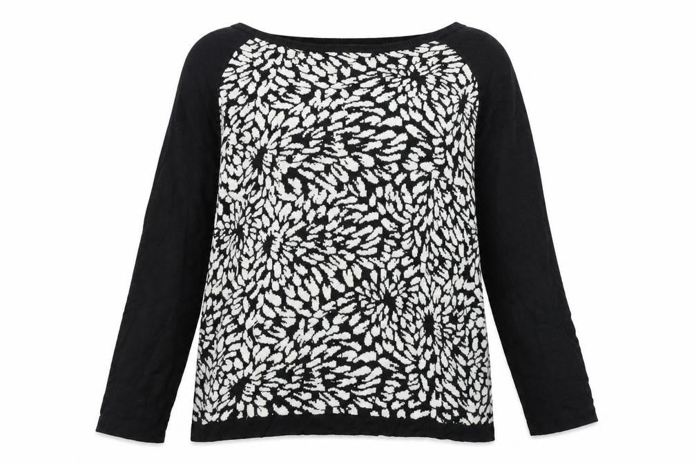 Front view of M&Co women’s black geometric jumper, size UK 20