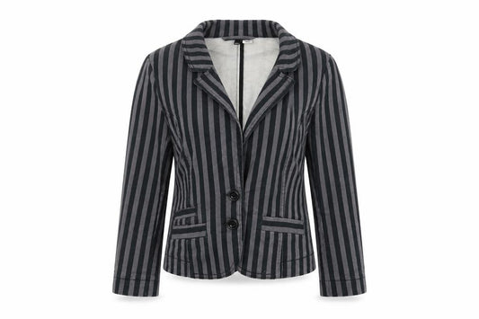 Front view of Divided women’s grey striped jacket coat, size UK 10