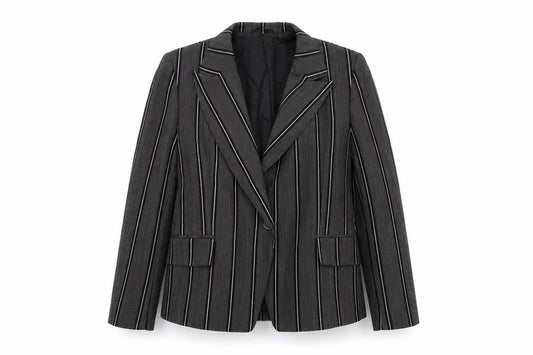 Front view of Betty Barclay women’s grey striped jacket blazer, size UK 12