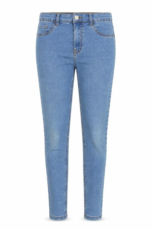 Front view of women’s blue denim jegging jeans, size UK 6, 25-inch leg