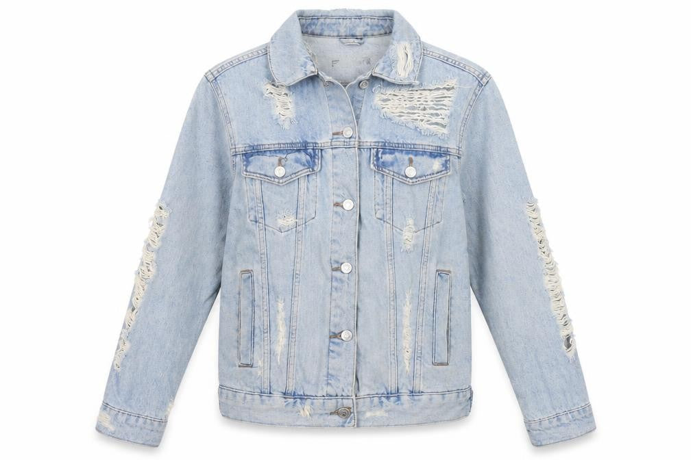 Front view of Topshop women’s blue denim jacket, size UK 6