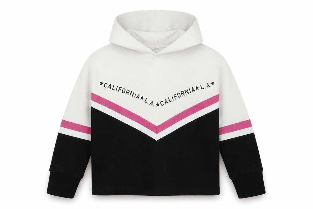 Front view of Primark girls’ white striped pullover hoodie, size 8-9, years - california