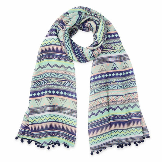 Front view of Preworn women’s blue geometric shawl/wrap