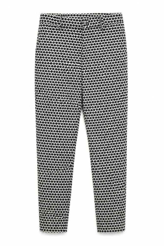 Front view of H&M women’s black geometric trousers, size UK 8, 27-inch leg