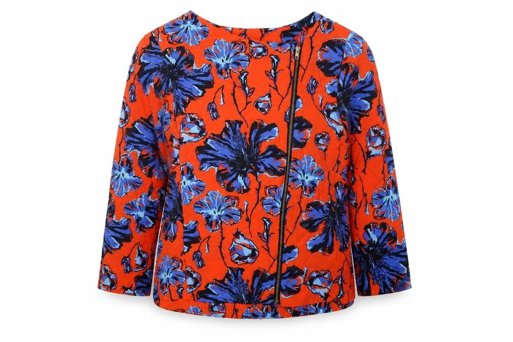 Front view of Atmosphere women’s orange floral jacket, size UK 14