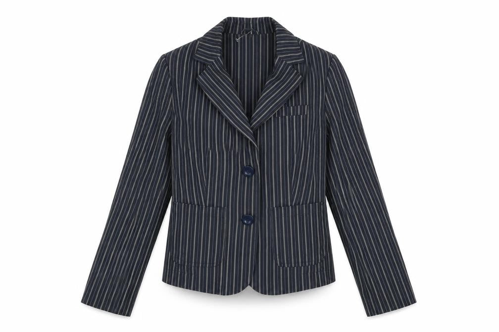 Front view of New Look women’s blue striped jacket, size UK 12