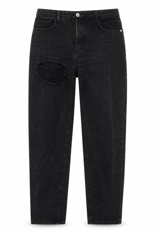 Front view of PRETTYLITTLETHING women’s black denim straight jeans, size UK 12, 31-inch leg