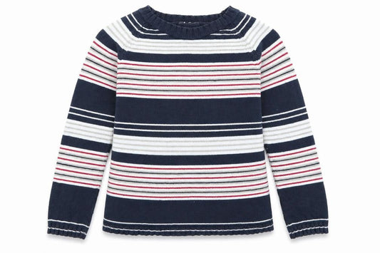 Front view of Preworn girls’ blue striped jumper, size M