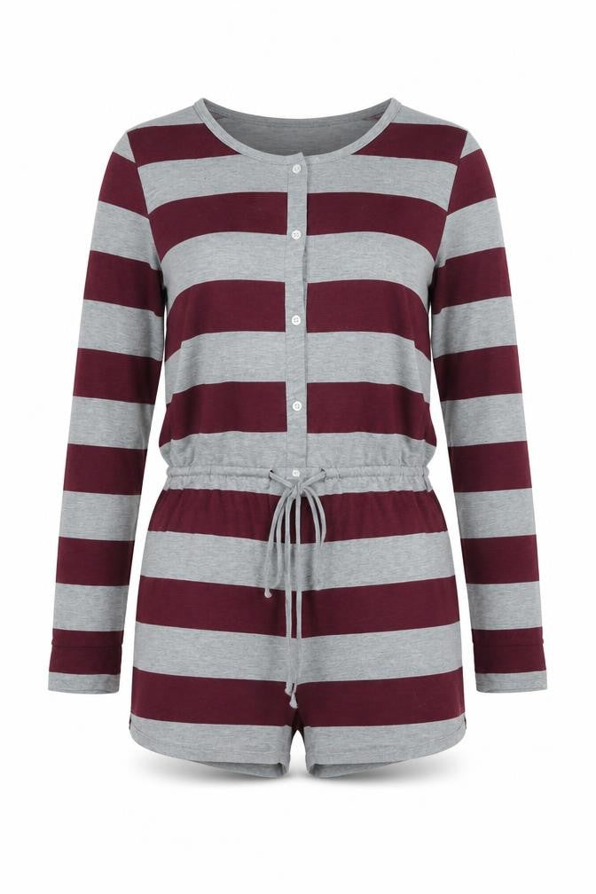 Front view of Avon women’s grey striped top one piece, size UK 6, - romper