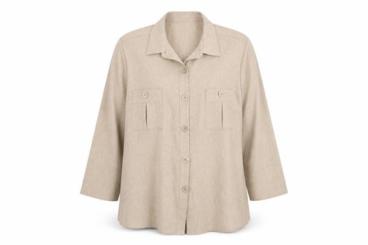 Front view of Daxon women’s beige basic button-up, size UK 24