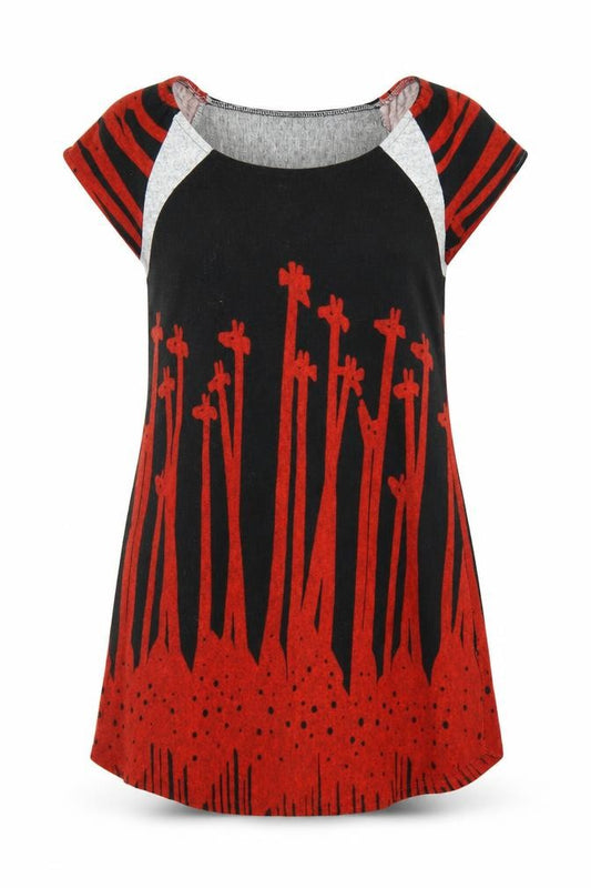 Front view of Angel Eye women’s red animal print jumper dress, size S, - giraffe