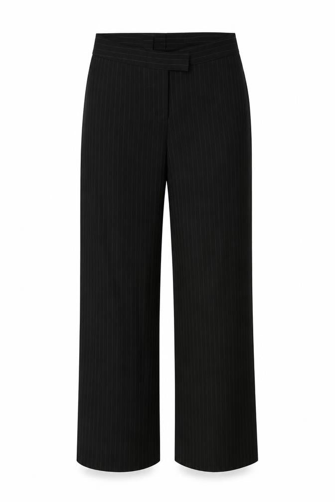 Front view of H&M women’s black striped trousers, size UK 32, in, 27-inch leg