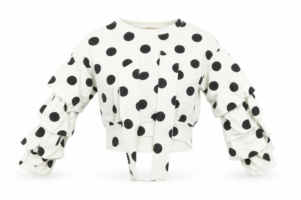 Front view of H&M women’s white polka dot jumper, size UK 4