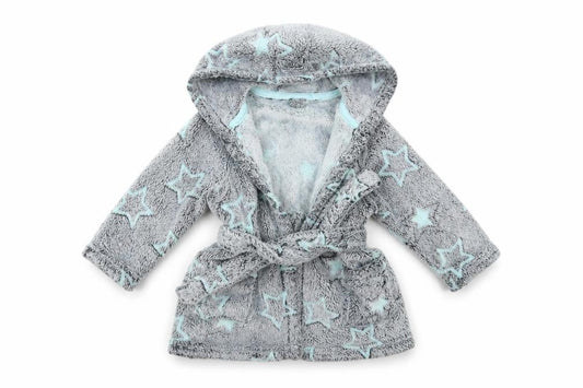 Front view of Matalan Baby Grey Geometric Fleece Robe, size 9-12, Months - Star pattern