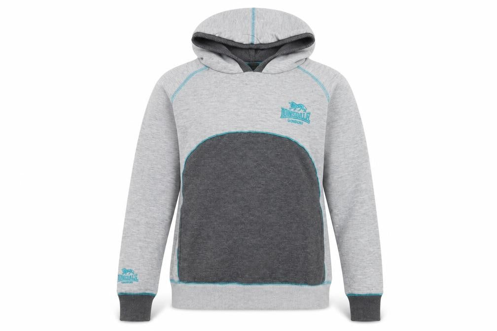 Front view of Lonsdale women’s grey pullover hoodie, size UK 12