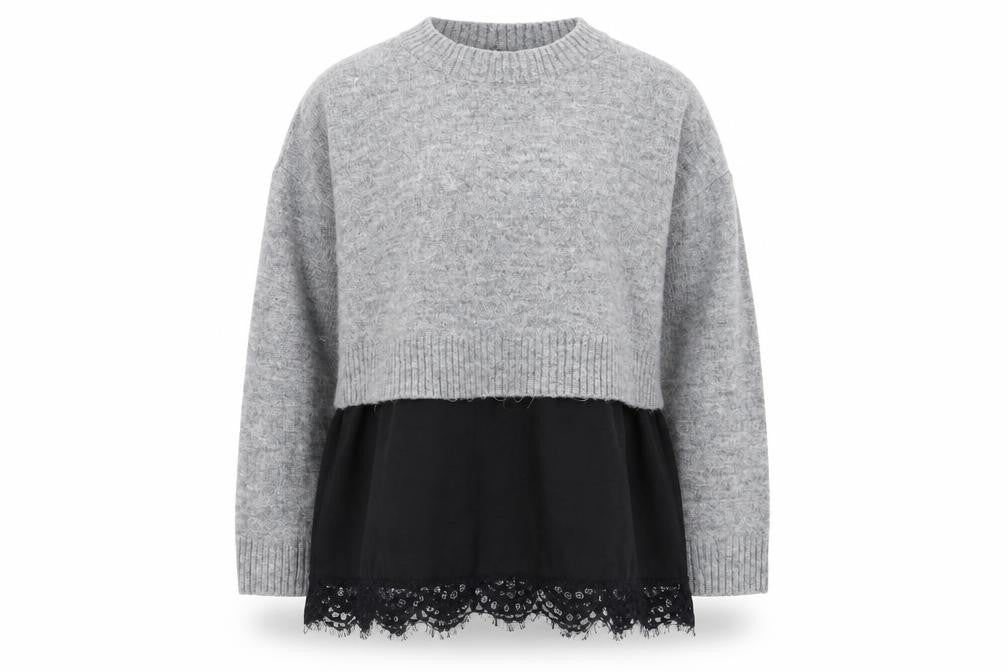 Front view of New Look women’s grey jumper, size S, - lace hem
