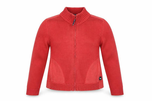 Front view of lamed women’s red full zip jumper, size UK 12