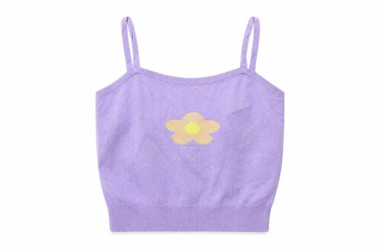 Front view of SHEIN Shien girls’ purple vest jumper, size S, - flower detail