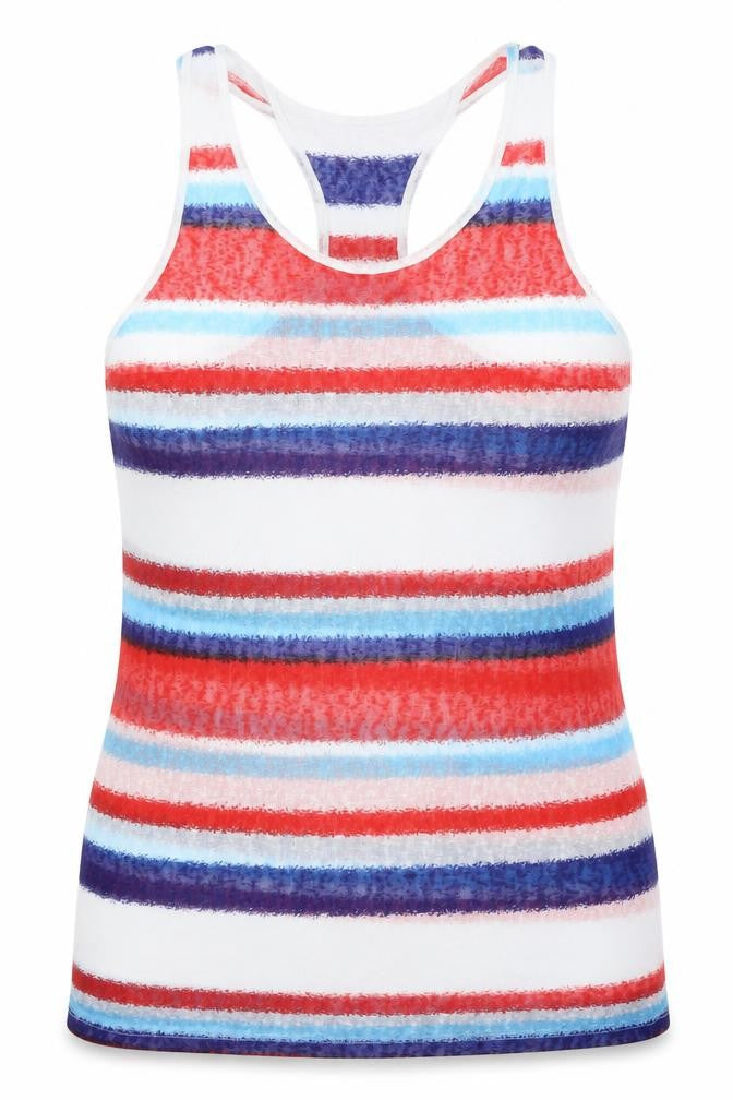 Front view of Ocean club women’s white striped basic tank, size UK 14
