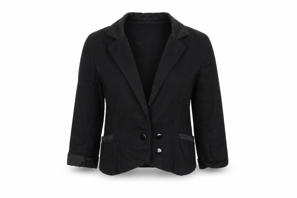 Front view of H&M women’s black jacket coat, size UK 8