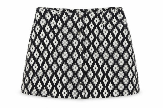 Front view of ASOS women’s black geometric a-line skirt, size UK 12