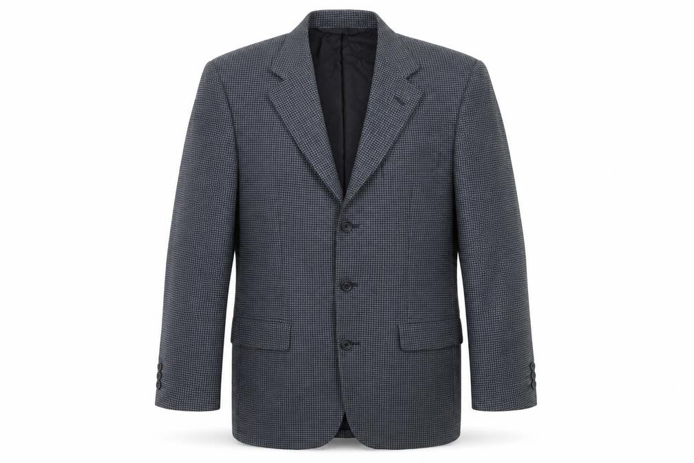 Front view of St Michael men’s blue geometric jacket suit jacket, size M