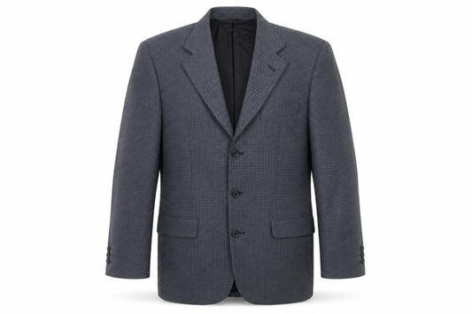 Front view of St Michael men’s blue geometric jacket suit jacket, size M