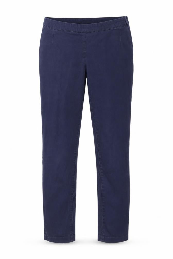 Front view of H&M women’s blue denim trousers, size UK 30, in, 29-inch leg
