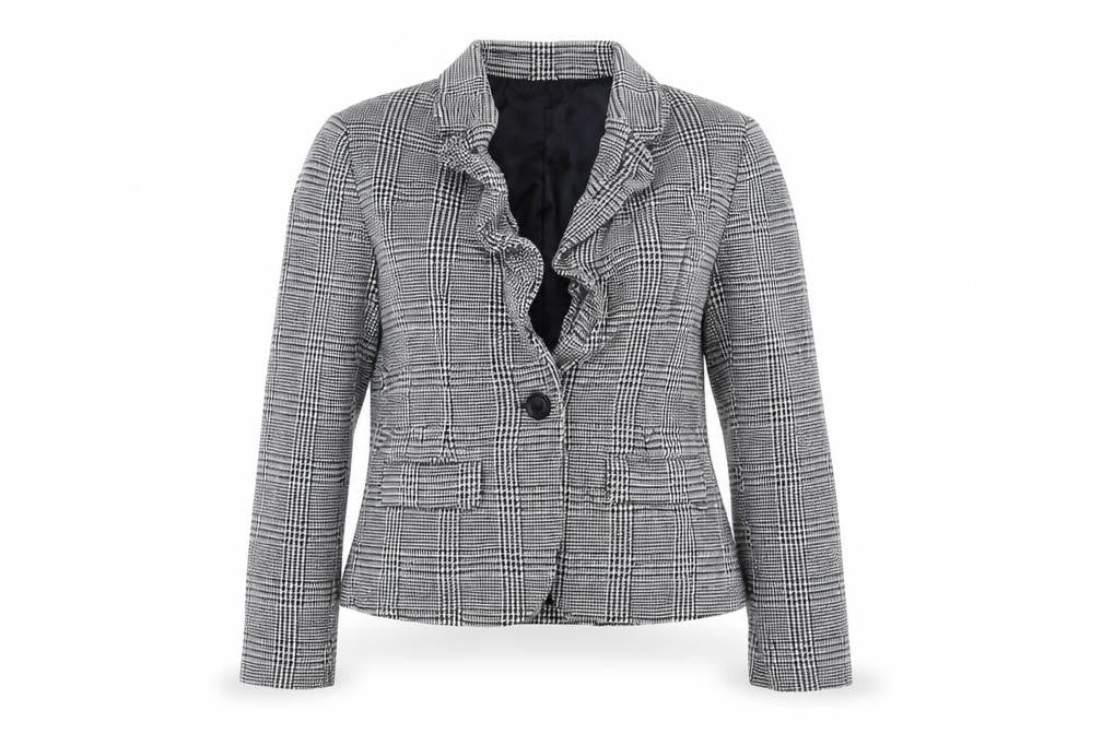 Front view of Merona women’s black houndstooth jacket blazer, size S