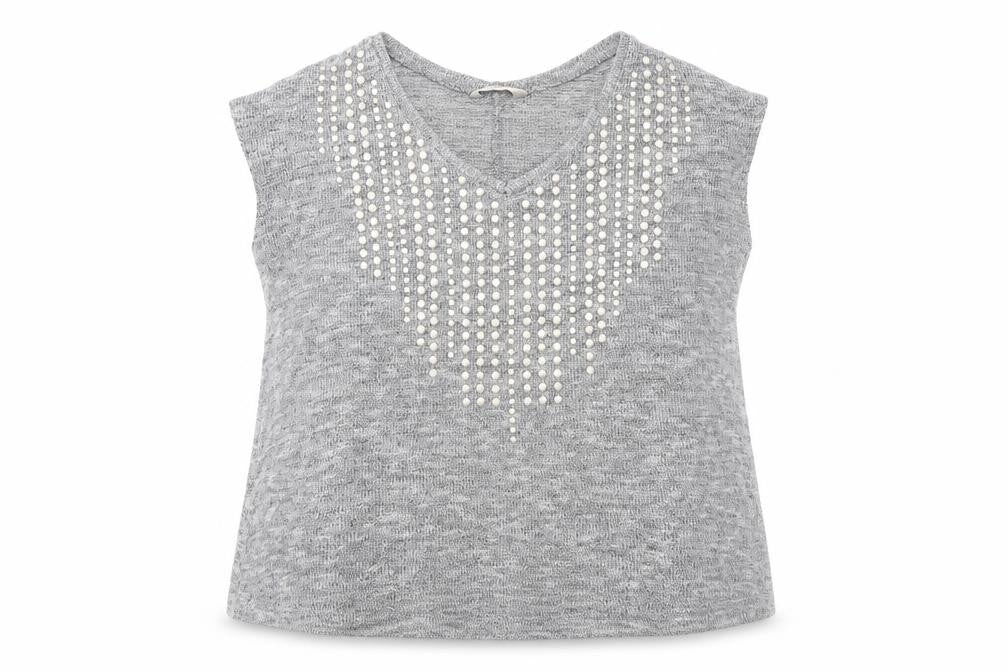 Front view of Miss Selfridge women’s grey jumper, size UK 6