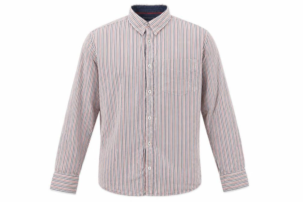 Front view of Bare Leisure men’s red striped button-up, size L