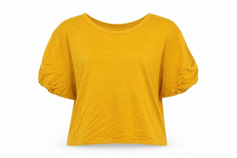 Front view of PRETTYLITTLETHING women’s gold basic t-shirt, size UK 8