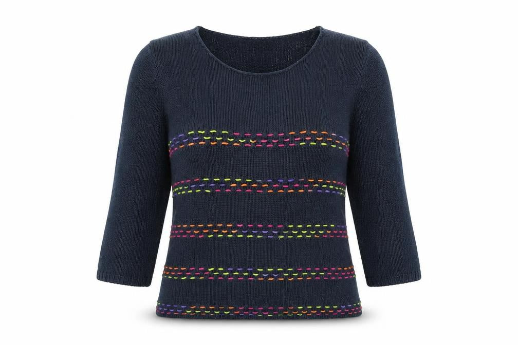 Front view of Casamia women’s blue striped jumper, size S