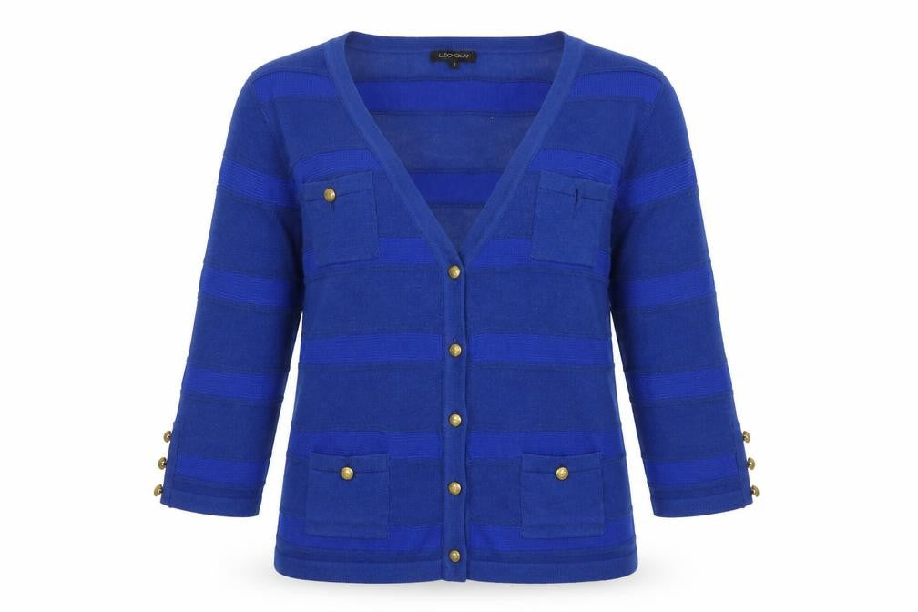 Front view of Leo Guy women’s blue cardigan jumper, size M