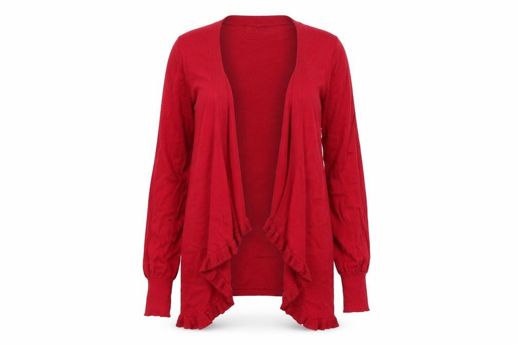 Front view of Tot Du Mond women’s red cardigan jumper, size L